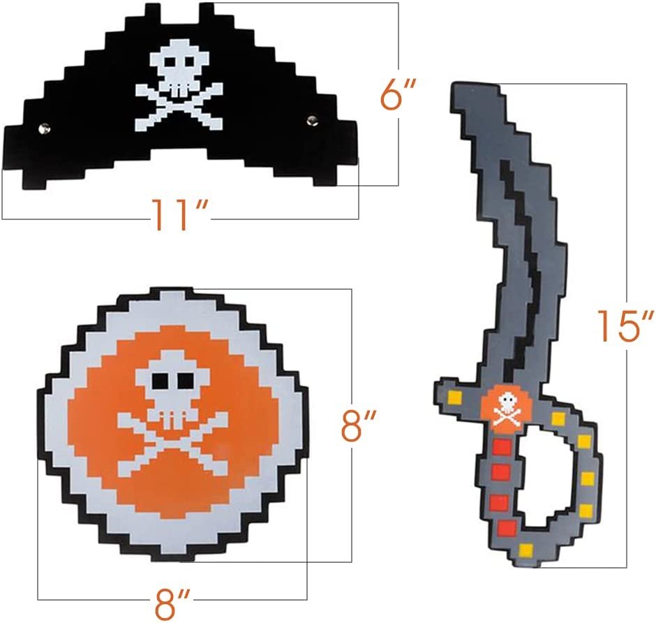 Foam Pixel Pirate Set, 3-Piece Kit with Pixelated Sword, Shield, and Hat, Unique Halloween Pirate Costume Accessories, Fun Pirate Toys for Kids, Great Birthday Gift Idea