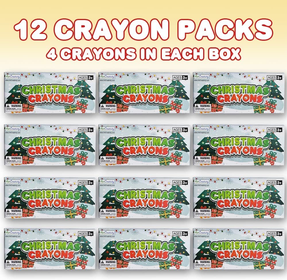 Christmas Crayons Set for Kids, 12 Boxes, Each Box with 4 Crayons, Full Size Crayons Party Favor Bundle, Perfect for Classroom Goodie Bags, Fun Holiday Stocking Stuffers