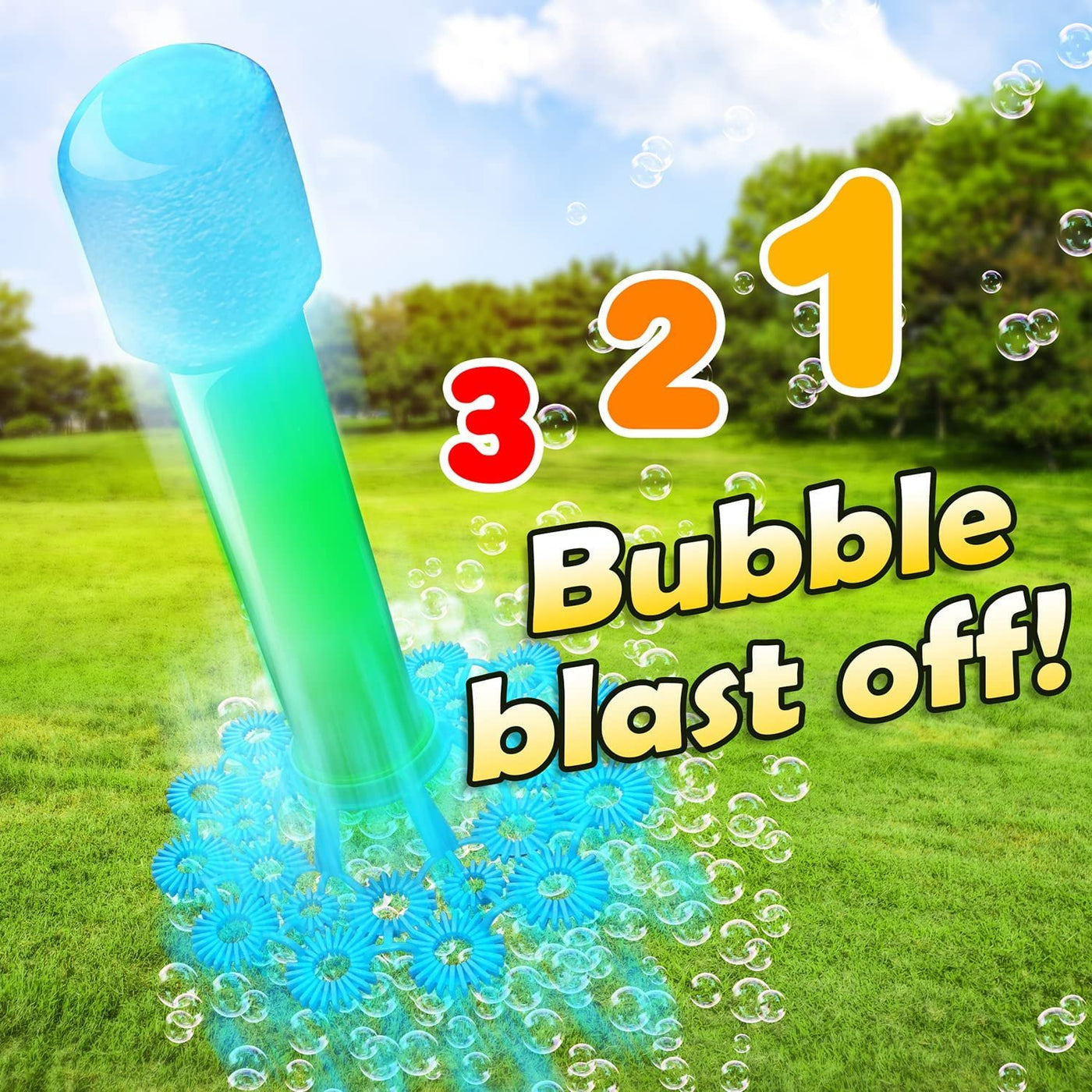 Bubble Rocket Launcher Toy Set, Includes 2 Bubble Rockets, Bubble Solution, Pump, and Base, Flying Bubble Blaster Rockets for Hours of Outdoor Fun, Bubble Maker Gift for Kids