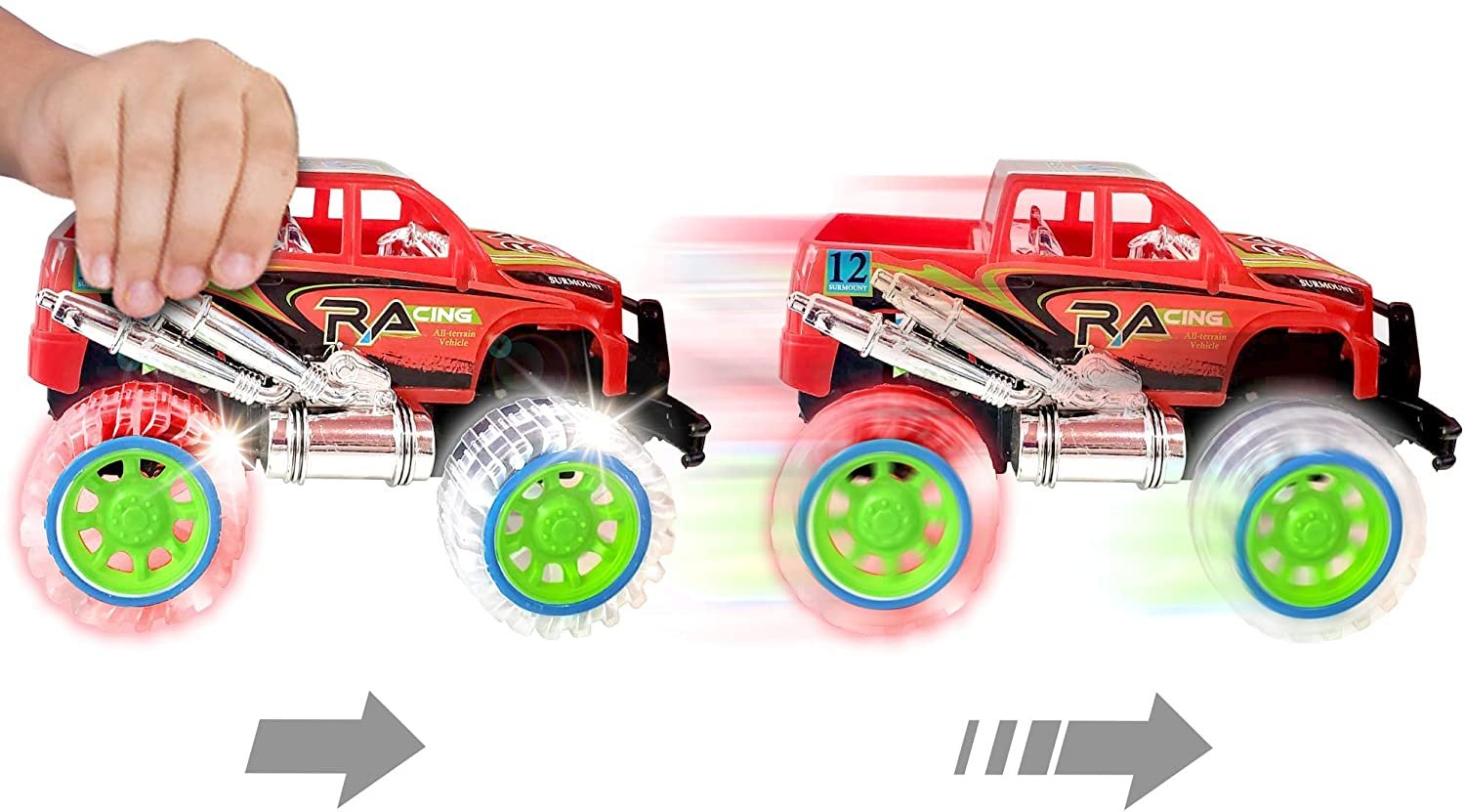 Light-Up Red Monster Truck with Sounds, 9" Monster Truck with Flashing Wheels and Friction Motor, Push n Go Toy Car, Best Birthday Gift for Boys and Girls Ages 3+