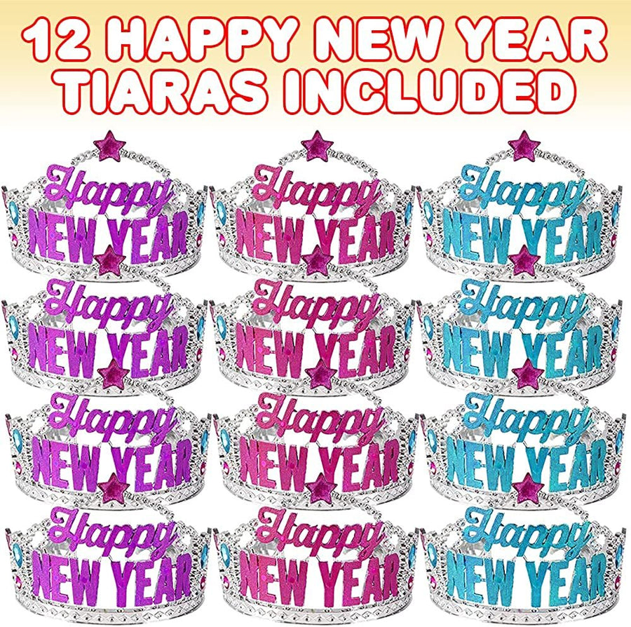 Happy New Year Tiaras, Set of 12, New Years Eve Accessories for Kids and Adults, New Years Eve Decorations, Party Favors, and Giveaways, Sparkly Tiaras in Assorted Colors