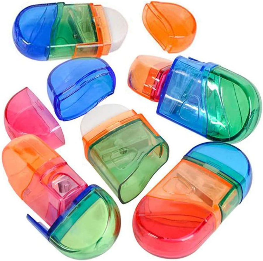 Twist Pencil Sharpeners, Set of 12, Multicolored Sharpeners with Erasers, Fun Stationery Back to School Supplies, Classroom Teacher Rewards, and Birthday Party Favors for Kids