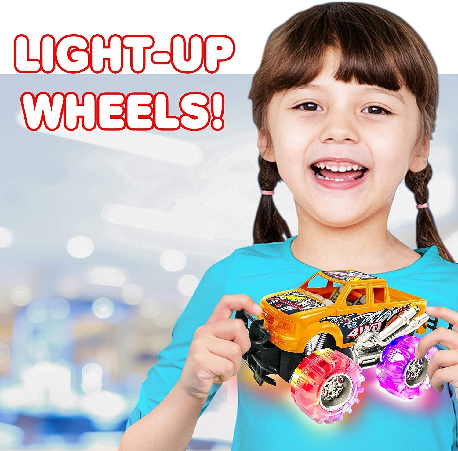 Orange and White Light Up Monster Truck Set for Boys and Girls, Set Includes 2, 6" Monster Trucks with Beautiful Flashing LED Tires, Push n Go Toy Cars, Best Gift for Kids Ages 3+