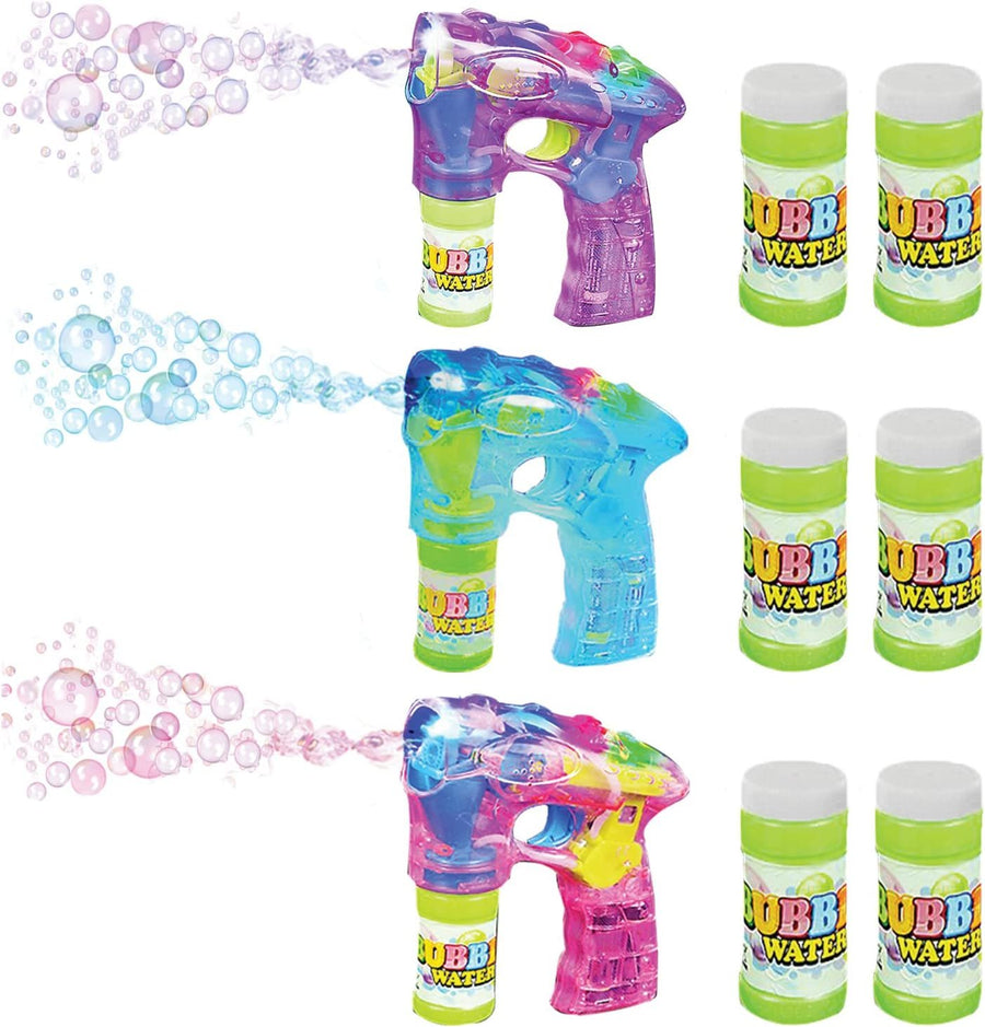 3 LED Light Up Bubble Guns, with Sound, Includes 6 Bottles of Bubble Solution Refill, Bubble Blower for Bubble Blaster Party Favors, Summer Toy, Outdoors Activity, Easter, Birthday Gift