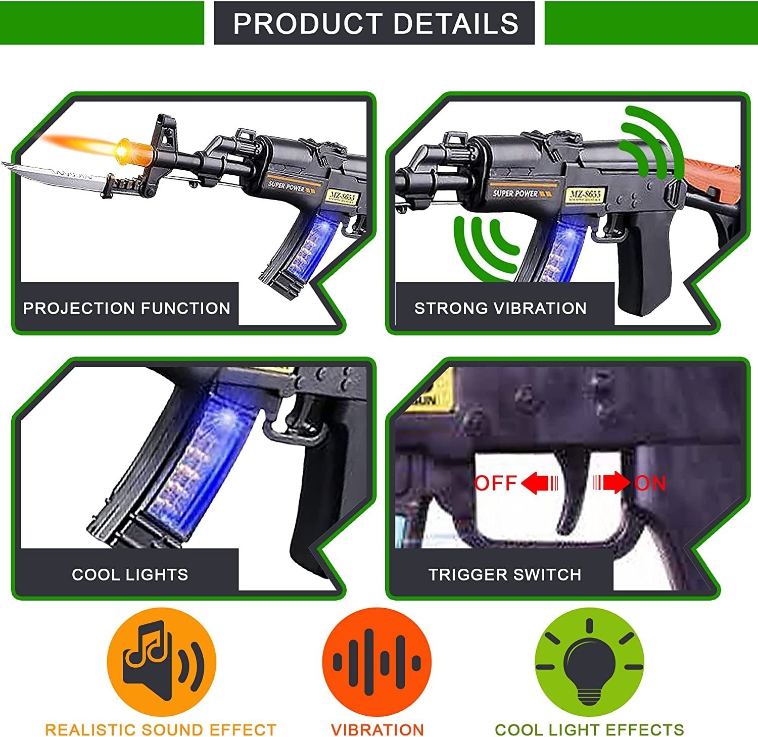 Light Up Toy Machine Gun with Folding Bayonet by ArtCreativity, Cool LED, Sound and Vibration Effect, 16" Pretend Play Military Submachine Pistol, Great Gift for Boys and Girls