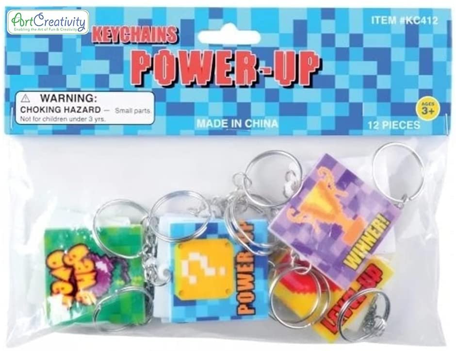 Power Up Keychains, Set of 12, Game Themed Keychains for Kids in Assorted Designs, Video Game Party Supplies and Game Gifts, Superhero and Video Game Party Favors for Boys and Girls