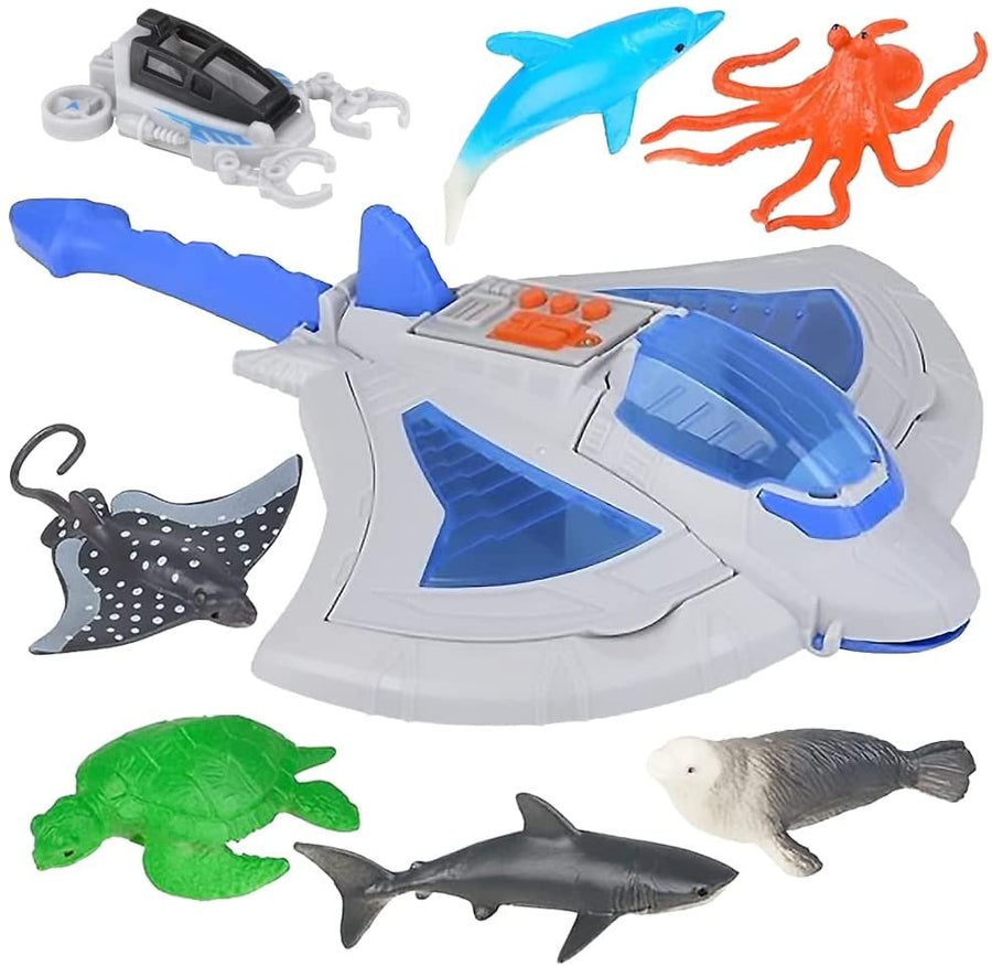 Sting Ray Transporter Set, Includes 1 Stingray Toy with Sounds and 7 Sea Creatures, Interactive Ocean Toys for Kids, Sea Animal Toys for Kids and Underwater Party Supplies