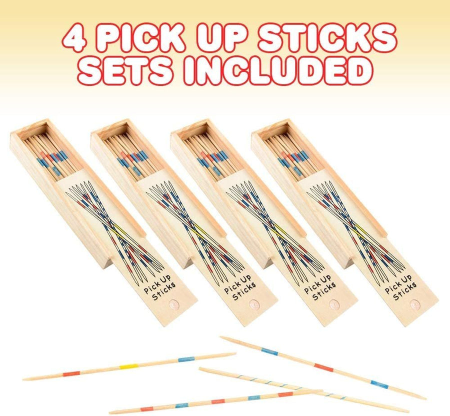 Gamie Wooden Pick Up Sticks Game, 4 Sets in Wood Boxes with Lids, Classic Pickup Sticks Game for Kids, Fun Development Learning Toys for Children, Retro Gifts and Party Favors