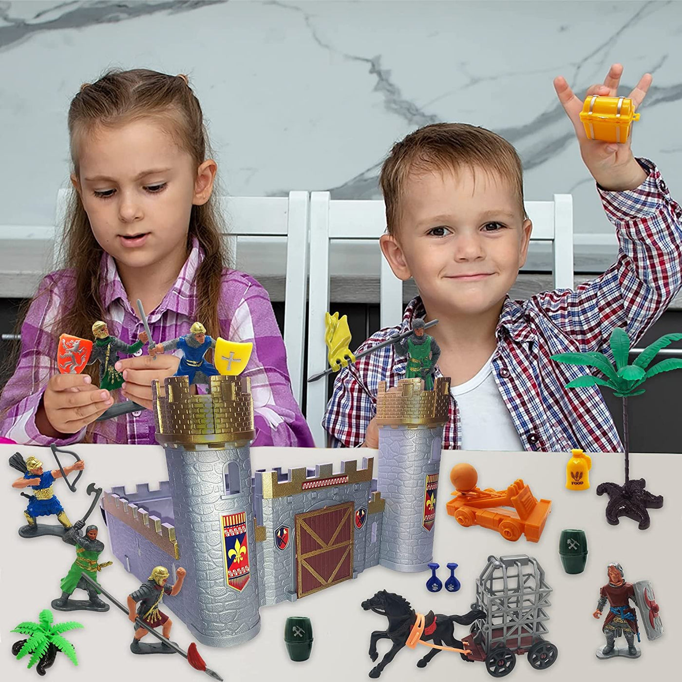 Medieval Castle Knights Playset for Kids, 27-Piece Deluxe Action Figure Play Set with Storage Bucket, Assembly Castle, 6 Knight Action Figures, Horse Drawn Carriage, Catapult, and More