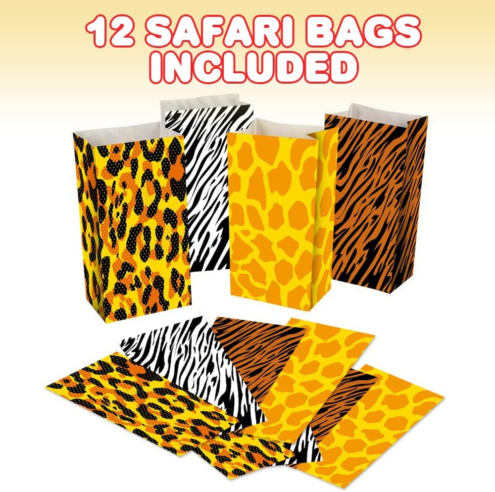 Safari Theme Party Favor Bags - Pack of 12 - Animal Print Goody Gift Bags with 4 Designs - Durable Treat Goodie Bags - Zoo, Jungle Party Supplies for Birthday, Baby Shower