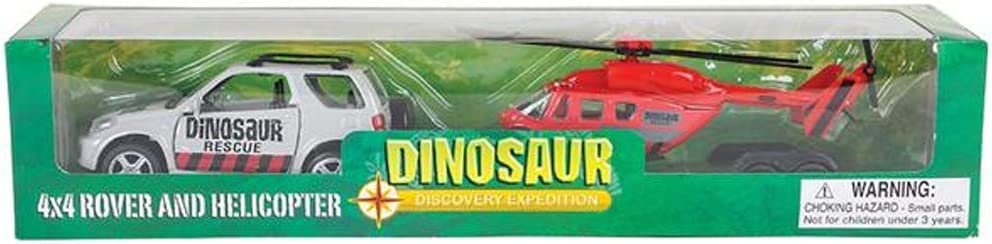 SUV Toy Car with Trailer and Helicopter Playset for Kids, Interactive Dinosaur Play Set with Detachable Helicopter & Opening Doors on 4 x 4 Toy Truck, Best Birthday Gift for Boys & Girls