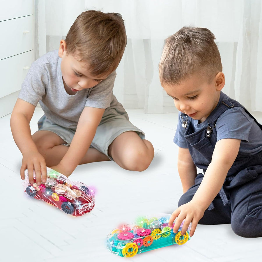 Light Up Transparent Toy Cars for Kids, Set of 2, Bump and Go Toy Cars with Colorful Moving Gears, Music, and LED Effects, Fun Educational Toy for Kids, Great Birthday Gift Idea