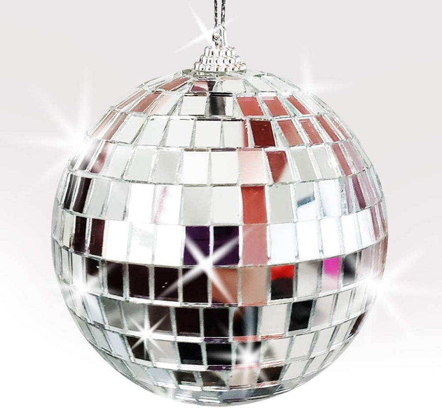 4" Mirror Disco Ball - Silver Disco Ball with Hanging String for Parties, Birthdays, and Weddings - 90’s Disco Party Decorations and Supplies, Ceiling Décor Disco Accessories
