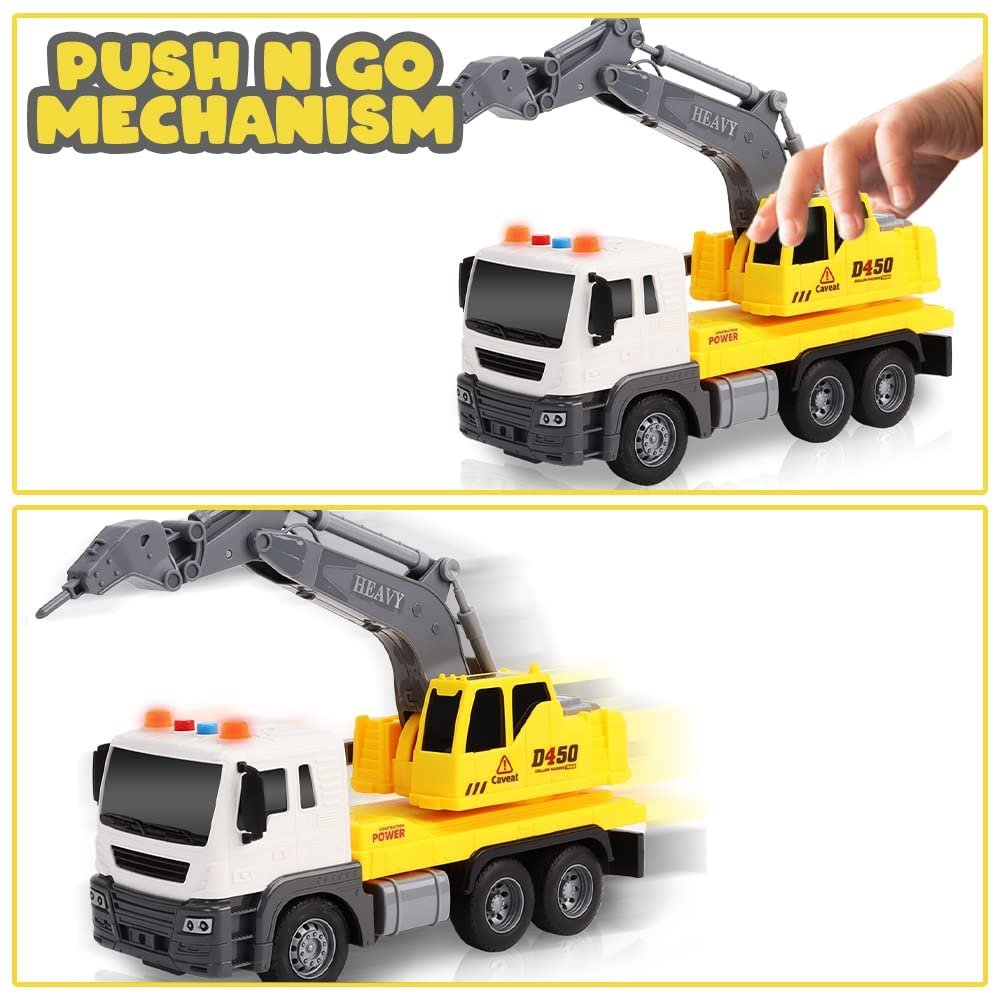 Light Up Construction Truck Toy, Excavation Truck Toy with a Rotating Back, Push and Go Kids Construction Toy with LED and Sound Effects, Cool Construction Trucks for Boys and Girls