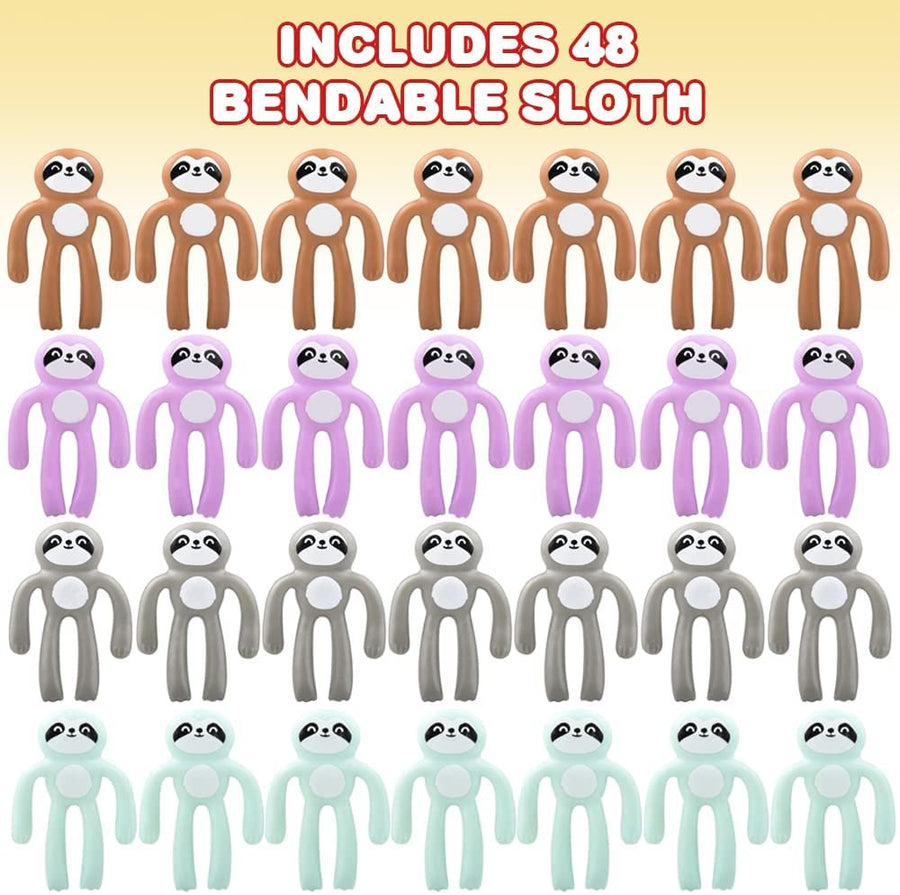 Mini Bendable Sloth Toys, Set of 48, Bendable Animal Toys for Kids in Assorted Colors, Portable Stress Relief Toys for Kids, Fidget Toys for Boys and Girls and Zoo Party Favors