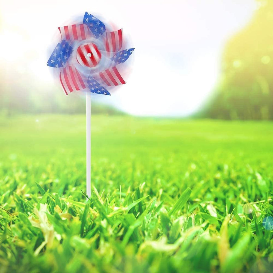 6" Stars and Stripes Pinwheels - Set of 12 - Red, White, and Blue - Independence Day Decorations, July 4th Decor for Yard, Garden, Lawn - Patriotic Party Favors for Kids, Adults