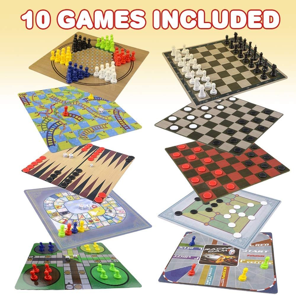 10 in 1 Board Game Set, Travel-Friendly Family Board Game Set with Backgammon, Chinese Checkers, Snakes and Ladders, Game of The Goose, Sorry, Draught, Racing, Chess and More