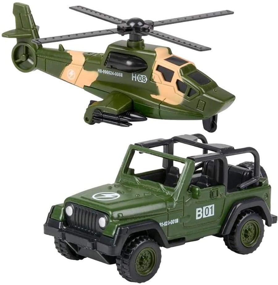 Military Toy Playset for Kids, 2-Piece, Includes 1 Helicopter Toy and 1 Jeep, Durable Die-Cast Army Toys for Kids, Pretend Play Set for Boys and Girls, Great Birthday Gift