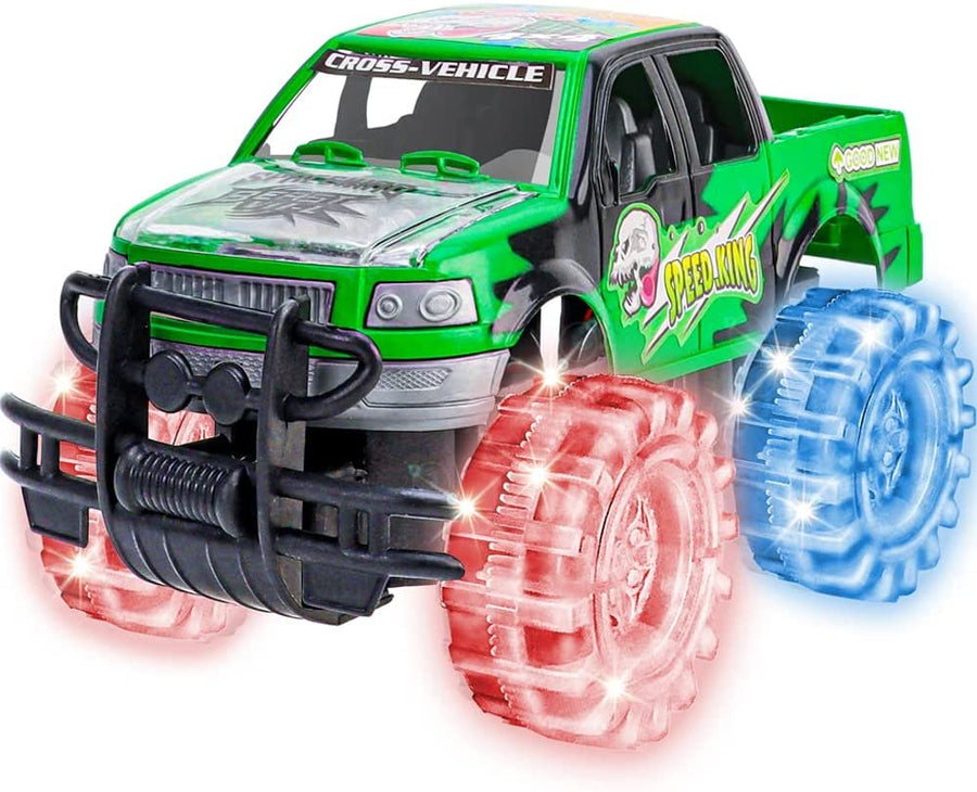 Light Up Green Monster Truck, 1 Piece, 8" Toy Monster Truck with Flashing LED Tires and Batteries, Push n Go Car Toys for Kids, Fun Gift for Boys and Girls Ages 3 and Up…