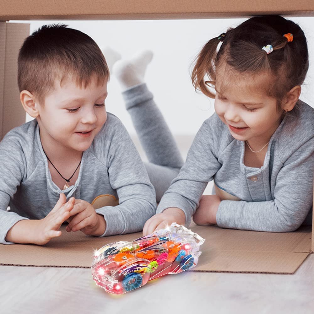 Light Up Car Transparent Gear Racer Toy Car for Kids, 1PC, Bump and Go Toy car with Colorful Moving Gears, Music, and LED Effects, Fun kids Car Toys for Boys, Great Birthday gifts For 3 Year Old Boys
