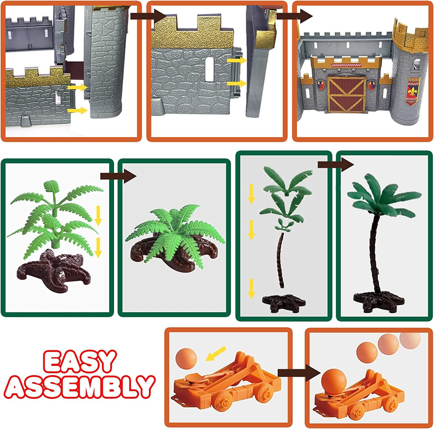 Medieval Castle Knights Playset for Kids, 27-Piece Deluxe Action Figure Play Set with Storage Bucket, Assembly Castle, 6 Knight Action Figures, Horse Drawn Carriage, Catapult, and More