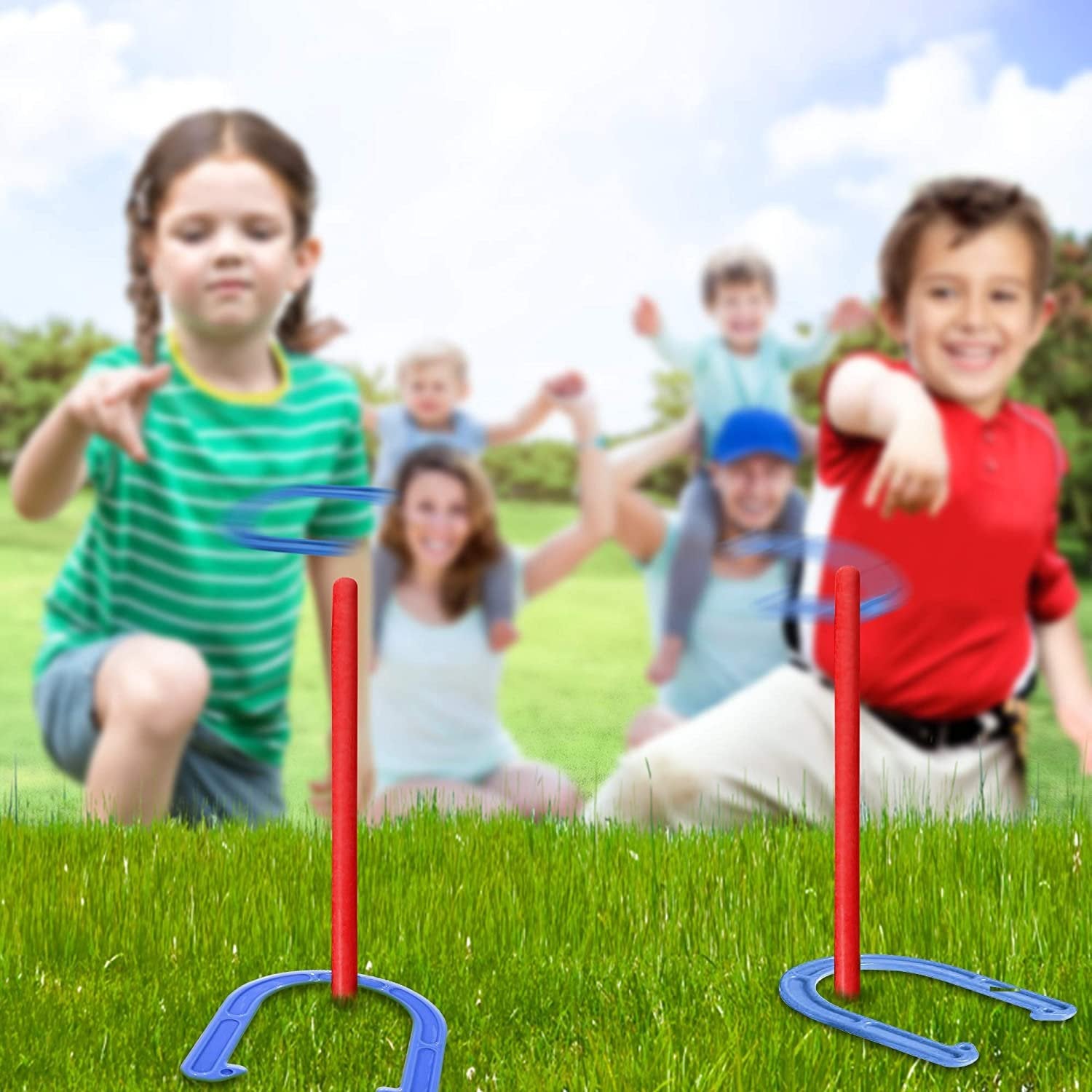 Horseshoes Tossing Game - Set Includes 4 Horse Shoes and 2 Stakes - Durable Plastic - Outdoor Activities for Family, Kids and Adults - Fun Activity for Party, Camping, Yard, Lawn