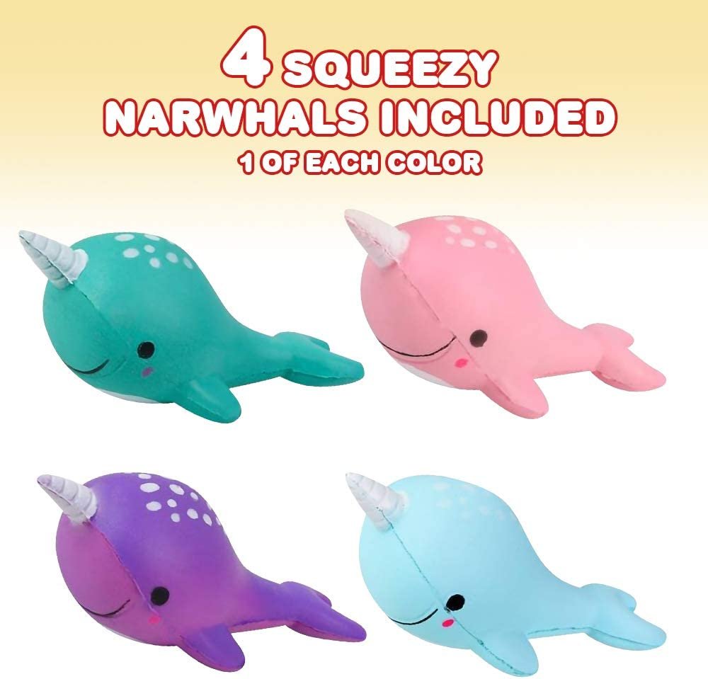 Squeezy Narwhals, Set of 4, Scented Slow Rising Stress Relief Toys for Kids, Squeezable Narwhale Birthday Party Favors and Goodie Bag Fillers, 4 Cute Colors