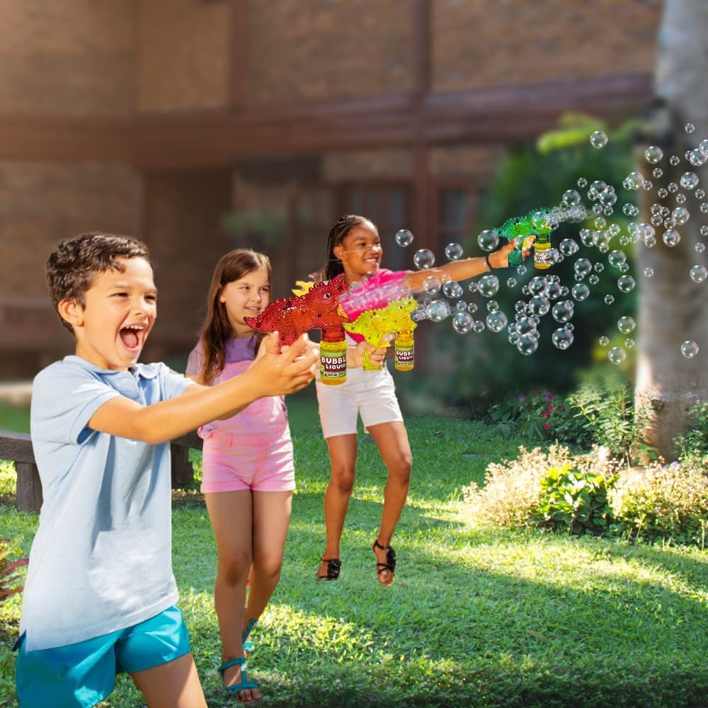 Bubbland Dinosaur Friction Powered LED Bubble Blasters for Kids, 3 Light Up Bubble Guns and 6 Bottles of Bubble Fluid, Bubble Blowing Toys for Indoor and Outdoor Fun, No Batteries Needed