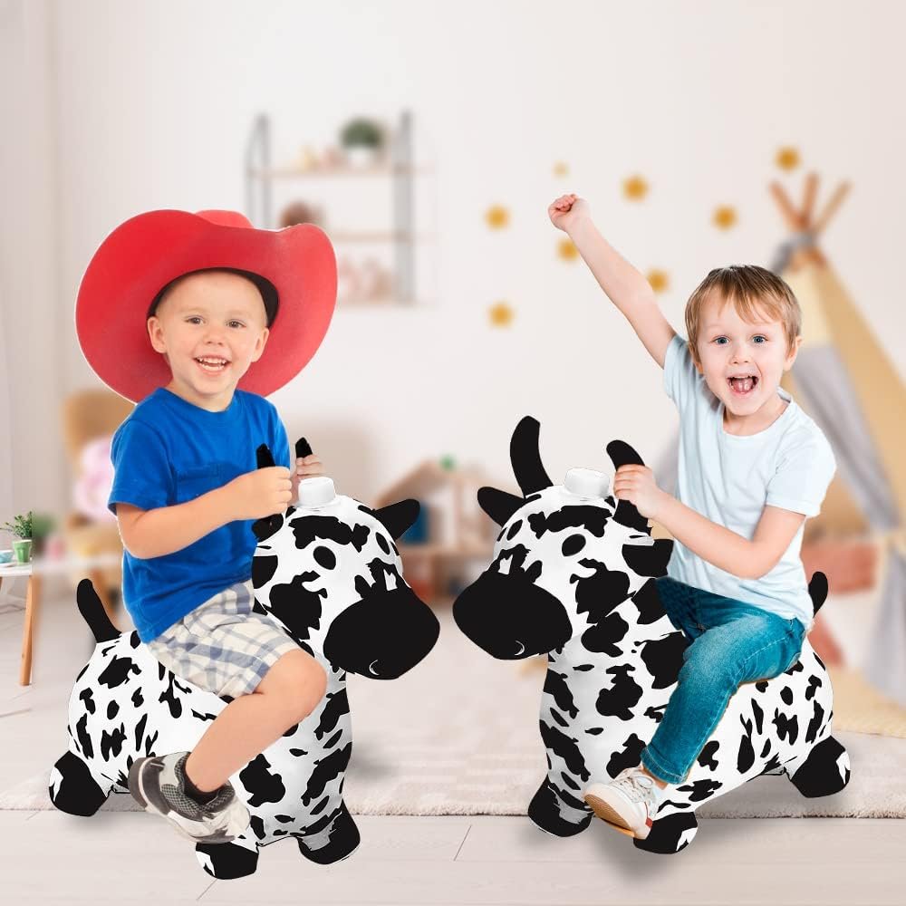Light Up Bouncy Horse Toy, Cow Hopper Horse with Music, Ride on Horse, Inflatable Animal Hopper for Active Indoor and Outdoor Play, Inflatable Plush Animal Covered Cow Toy for Kids (Pump Included)