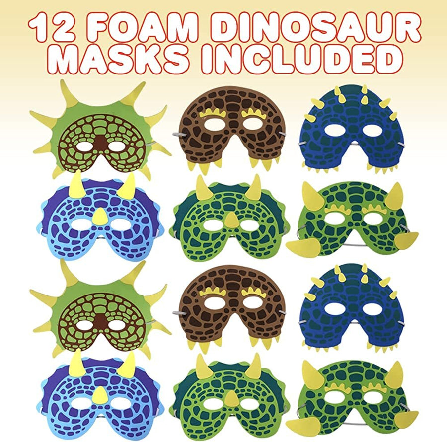 Foam Dinosaur Masks for Kids, Set of 12, Assorted Vibrant Dino Designs, Dinosaur Birthday Party Supplies and Favors, Teacher Rewards and Classroom Incentives