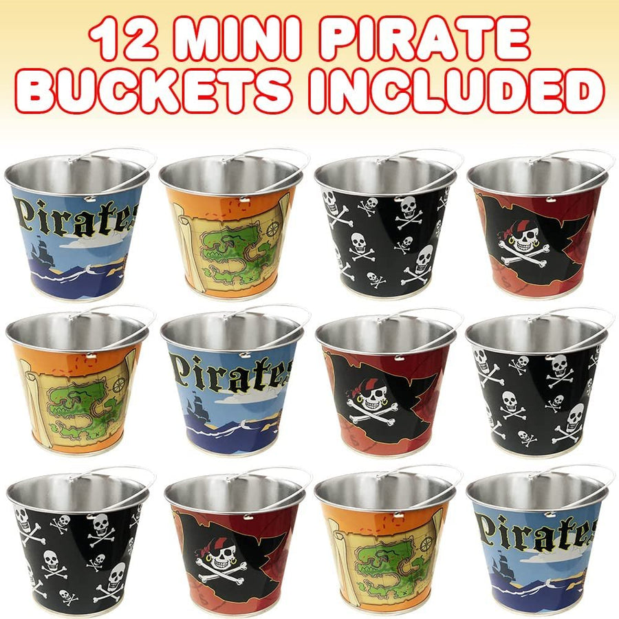 Mini Pirate Buckets, Set of 12, Pirate Party Supplies for Holding Favors, Includes 4 Eye-Catching Styles, Great as Pirate Party Decorations, Trick or Treat Giveaways, and Party Favors
