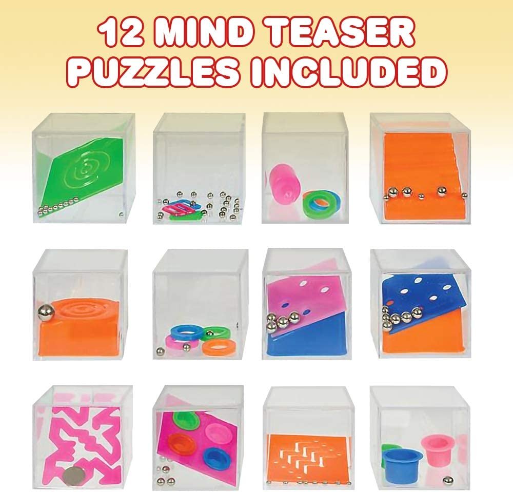 Brain Teaser Puzzles for Kids, Pack of 12, Mini 1.5" Maze Puzzle Cubes in Assorted Designs, Fun Road Trip Toys, Birthday Party Favors, Stocking Stuffers, Goodie Bag Fillers