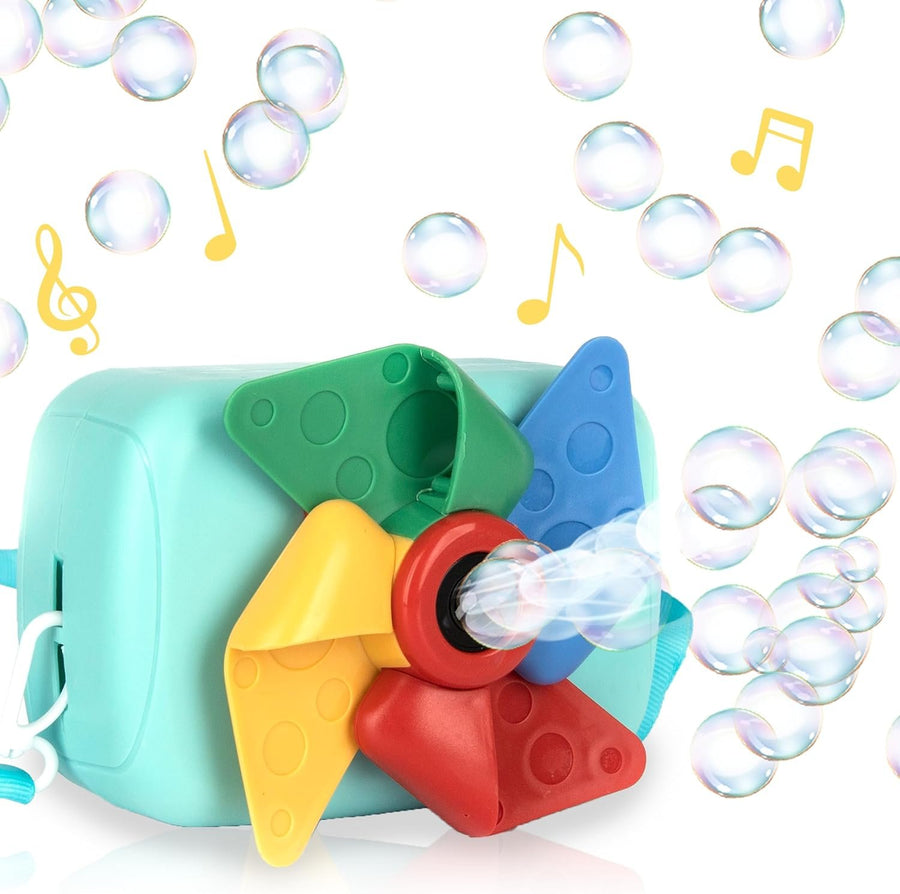 Pinwheel Camera Bubble Machine for Kids - Camera Shaped Bubble Toy with Neck Strap and Solution - Small Bubble Machine for Kids with Sounds, Music, and Lights for Extra Fun