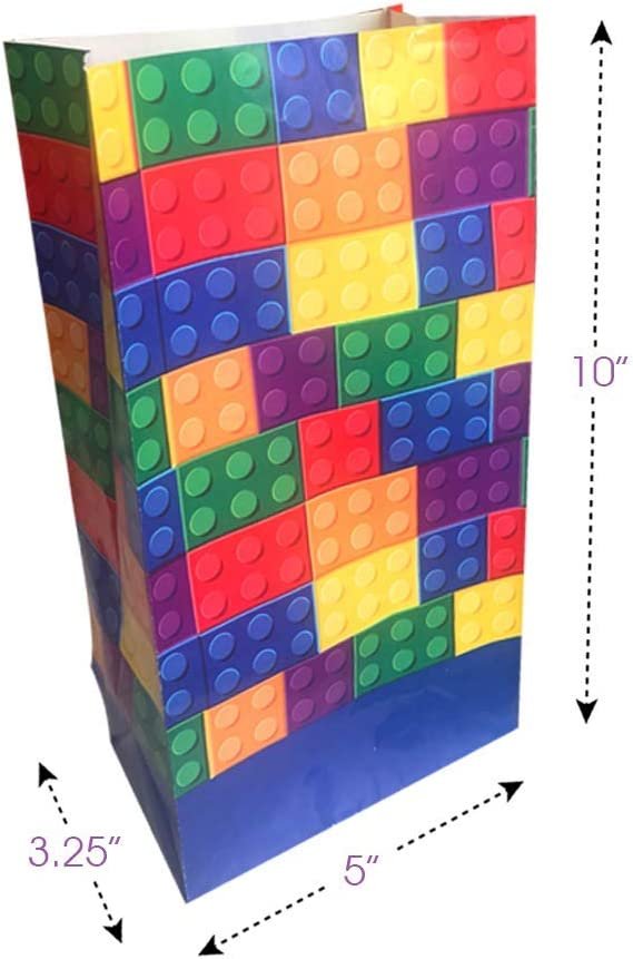 Building Block Paper Party Favor Bags, Pack of 12, Fun Themed Goodie Gift Bags, Durable Treat Bags, Construction Party Supplies and Favors for Birthday, Baby Shower, Holiday Goodies