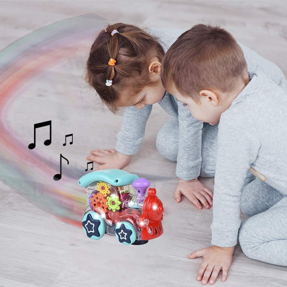 Light Up Transparent Toy Train for Kids, 1PC, Bump and Go Toy Car with Colorful Moving Gears, Music, and LED Effects, Fun Educational Toy for Kids, Great Birthday Gift Idea