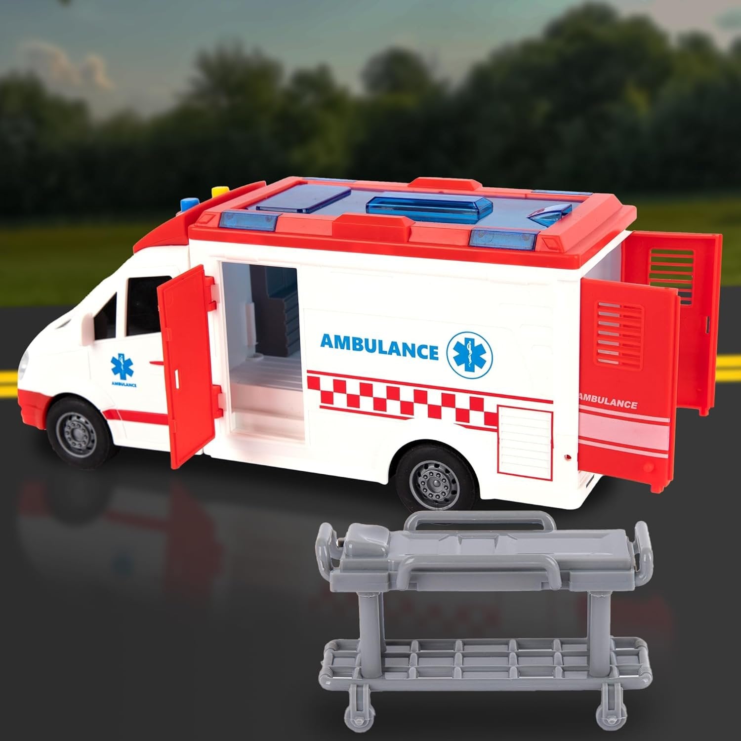 Ambulance Toy Truck for Kids 3,4,5,6,7,8, Lights & Siren, Friction-Powered 1/16 Scale Rescue Toy Ambulance, Emergency Vehicle Toys with Removable Stretcher, Doors Open for Immersive Imagination