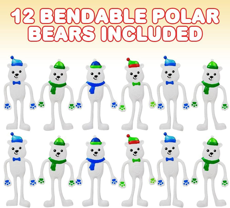 Polar Bear Bendable Toys, Set of 12 Flexible Holiday Characters, Stress Relief Fidget Toys for Kids, Christmas Party Favors, Goodie Bag Fillers, Holiday Stocking Stuffers