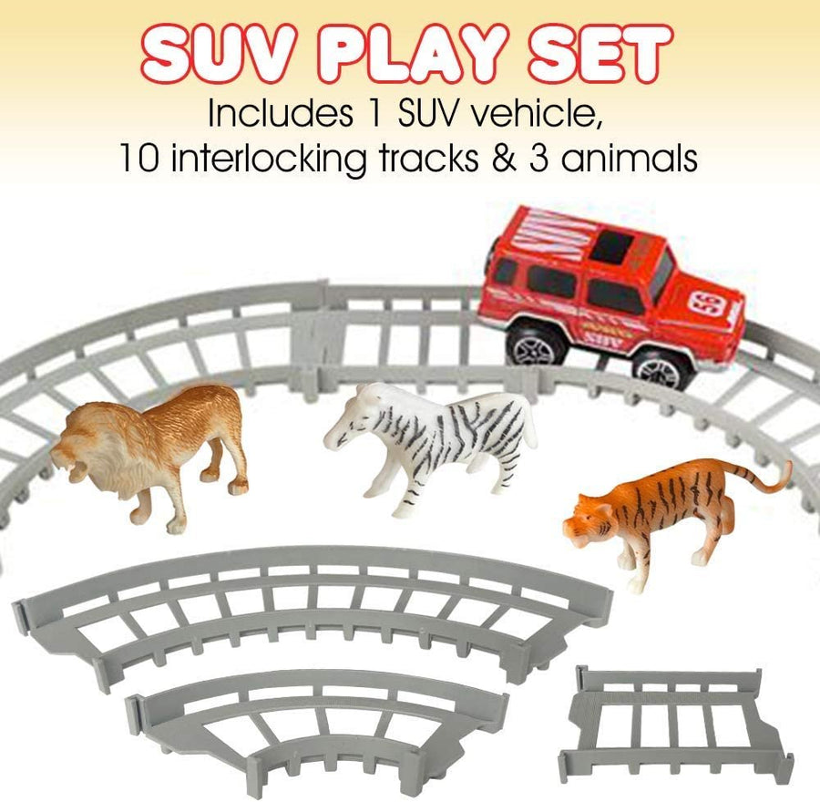 Battery Operated SUV Playset for Kids, Adventure Play Set with 3 Animal Figurines, 10 Tracks, and SUV Safari Car with Lights and Sounds, Best Car Gifts for Boys and Girls
