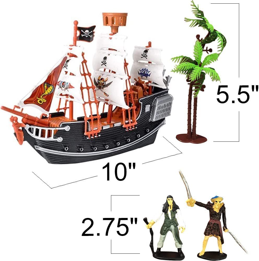 10" Pirate Boat, Detailed Pirate Ship Playset with 2 Action Figures & Tree, Play Toy for Kids, Fun Pirate Party Favor and Prize, Excellent Gift for Boys & Girls Ages 3+