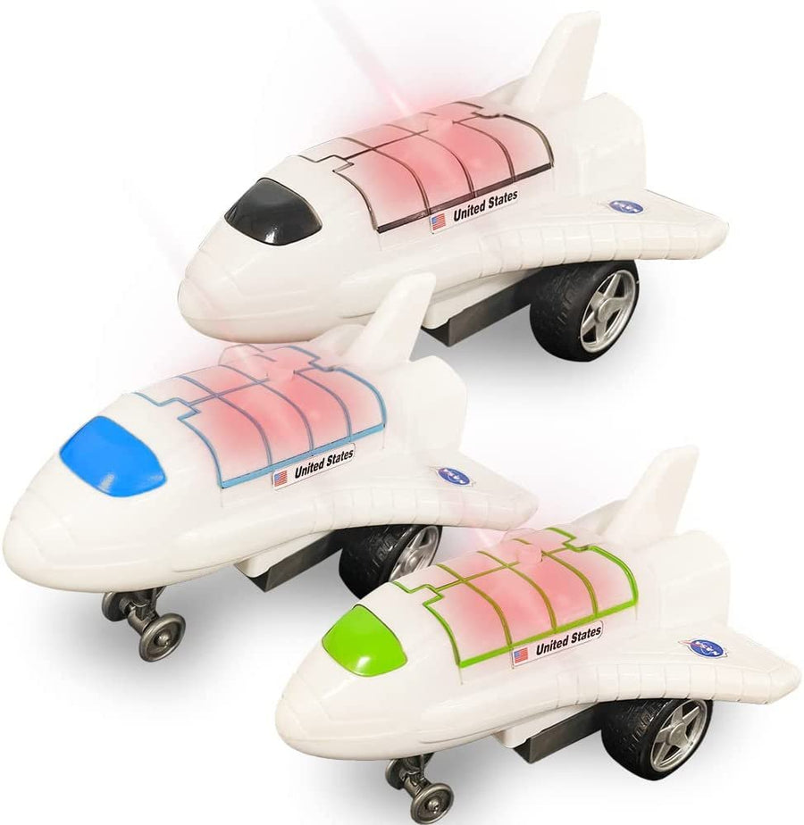 Light Up Space Shuttle Toys, Battery Operated Spaceship Toy with LEDs, Sound, and Push and Go Motion, NASA Toys Outer Space Shuttle Toy Gifts for Boys and Girls, Set of 3,