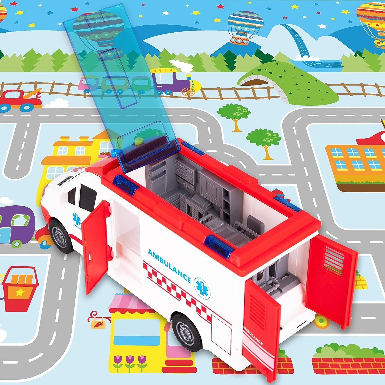 Ambulance Toy Truck for Kids 3,4,5,6,7,8, Lights & Siren, Friction-Powered 1/16 Scale Rescue Toy Ambulance, Emergency Vehicle Toys with Removable Stretcher, Doors Open for Immersive Imagination