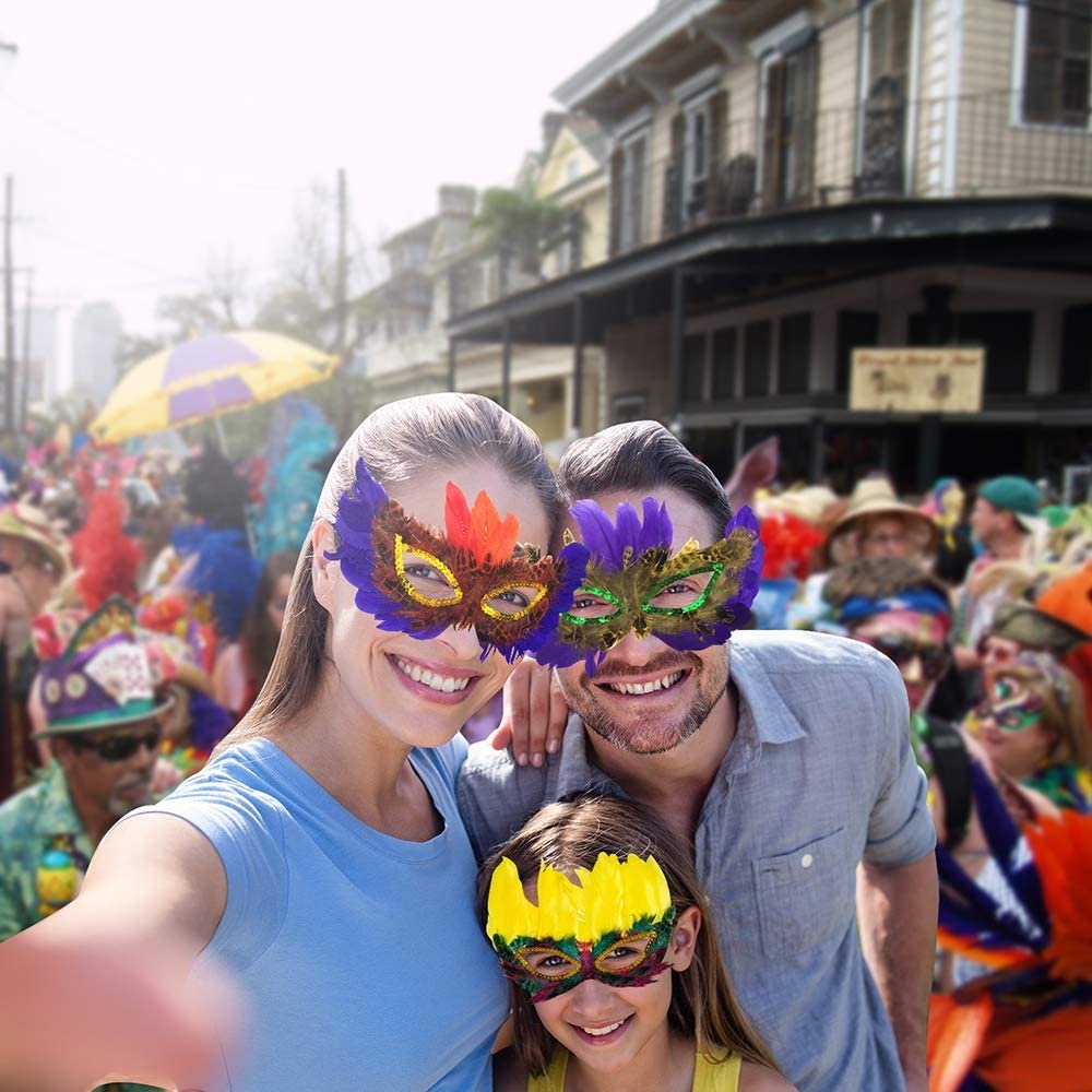 Assorted Feather Mardi Gras Masks, Bulk Pack of 25, Feathered Masquerade Mardi Gras Party Favors, Supplies, and Decorations, Masquerade Costume Party Accessories for Kids and Adults