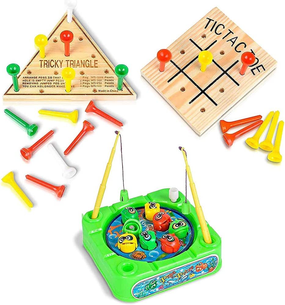 Gamie Travel Road Trip Games for Kids and Adults - 3 Pieces - Set Includes Mini Tic-Tac-Toe, Triangle Game, and Fishing Game - F