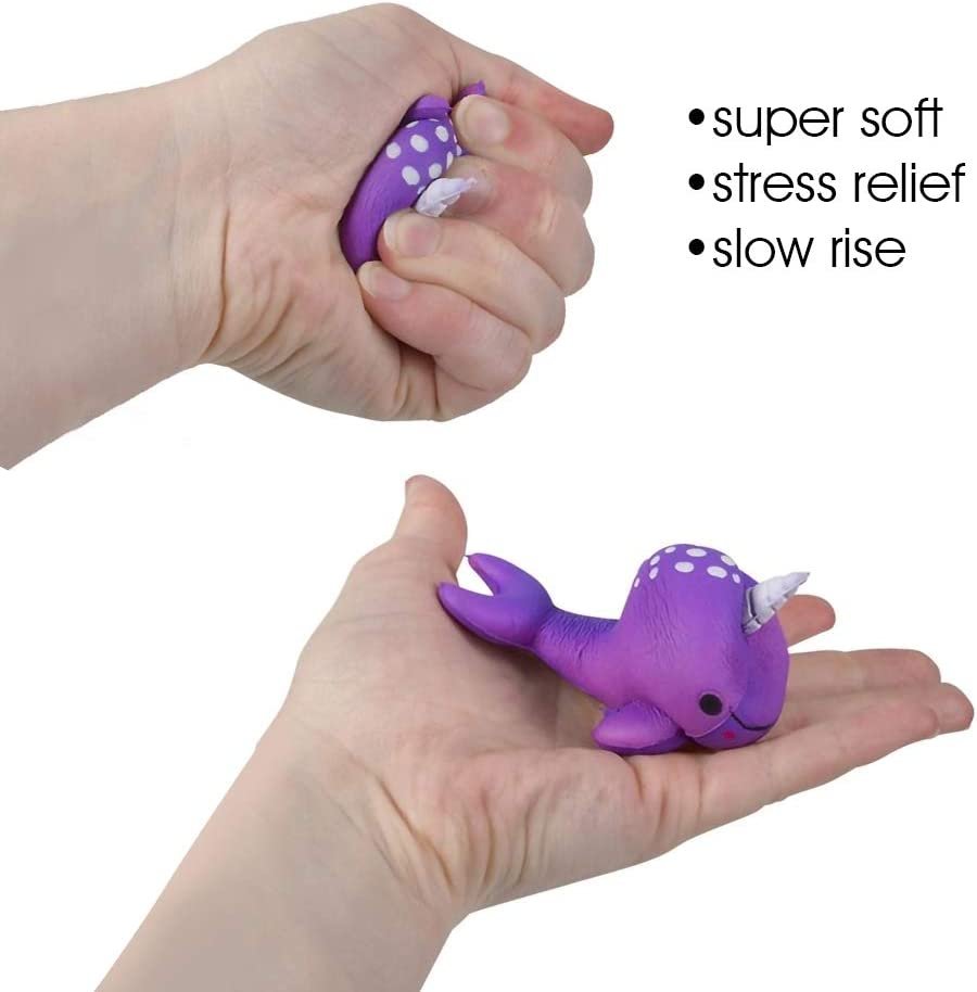 Squeezy Narwhals, Set of 4, Scented Slow Rising Stress Relief Toys for Kids, Squeezable Narwhale Birthday Party Favors and Goodie Bag Fillers, 4 Cute Colors