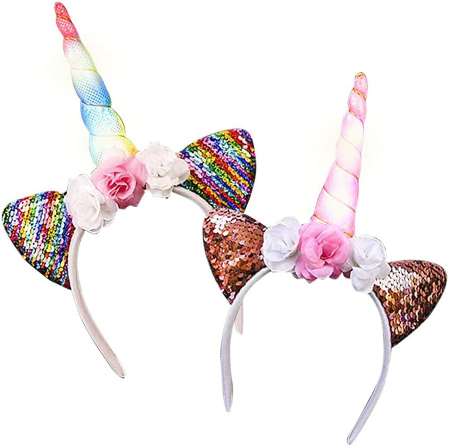 Light Up Unicorn Flower Headbands for Girls, Set of 2, Birthday Girl Headband with Flashing Horn, Unicorn Party Supplies and Decorations, Unicorn Party Favors, Cute Costume Accessories