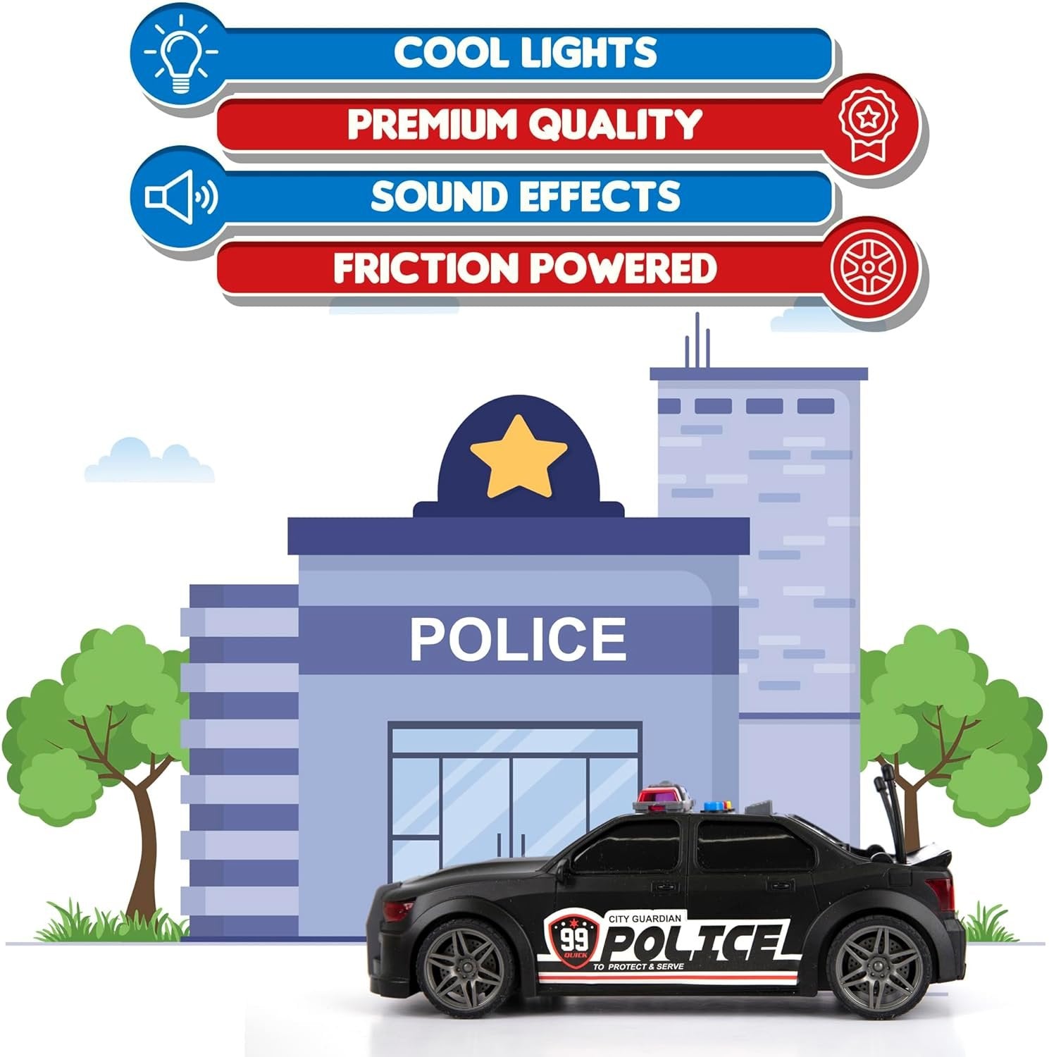 Police Car Toys for Boys 3,4,5 with Lights & Siren Sounds, Friction Powered Police Car for Kids with Flashing Lights, 3 Different Sounds, & Openable Trunk, Police Pretend Play Toys, Police Car Toy