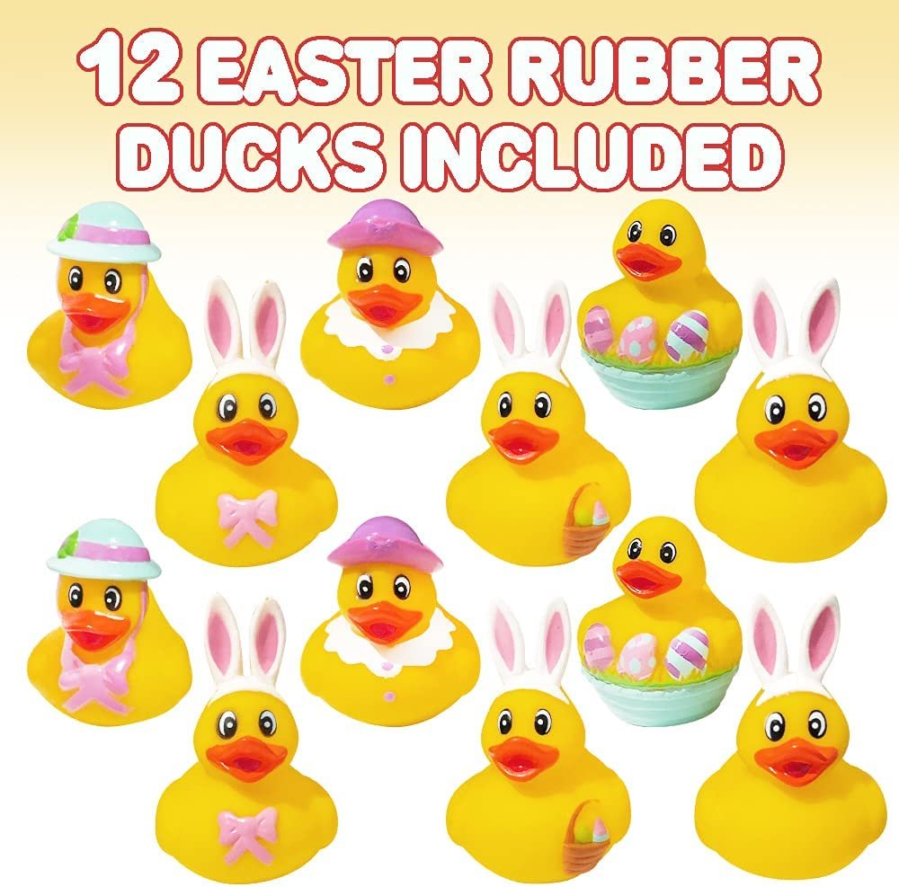 2.5" Assorted Easter Rubber Duckies for Kids, Pack of 12, Mini Duck Surprise Toys for Filling Easter Eggs, Easter Party Favors, Egg Hunt Supplies, Easter Themed Bath Tub Toys