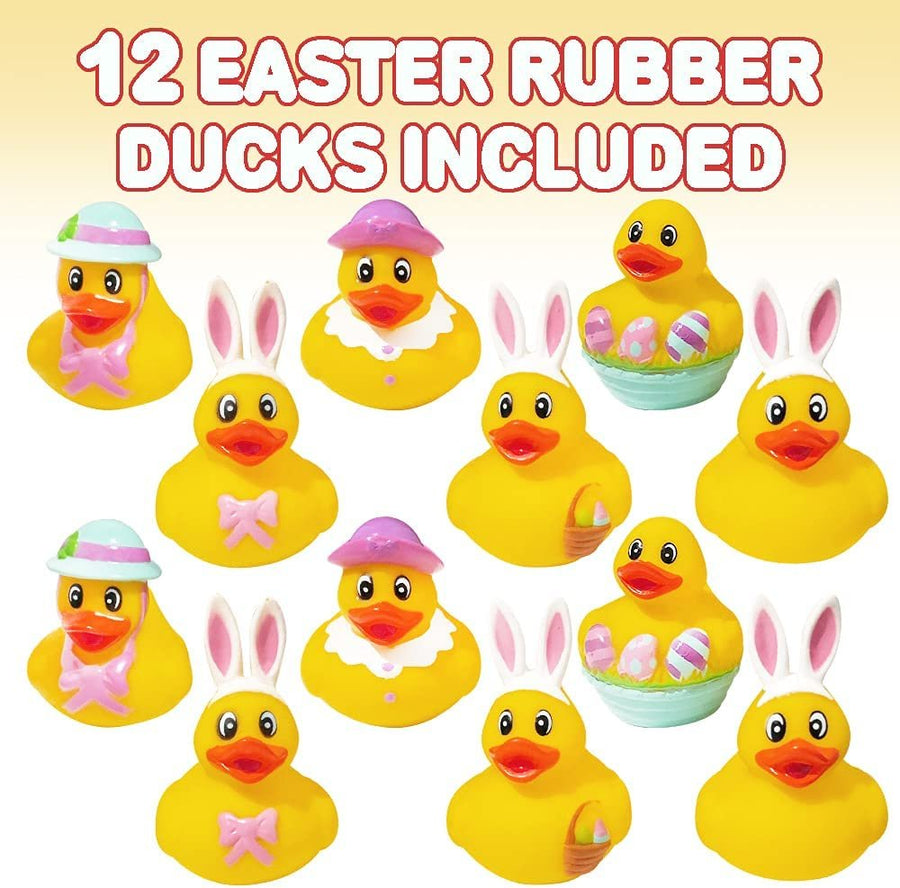 2.5" Assorted Easter Rubber Duckies for Kids, Pack of 12, Mini Duck Surprise Toys for Filling Easter Eggs, Easter Party Favors, Egg Hunt Supplies, Easter Themed Bath Tub Toys