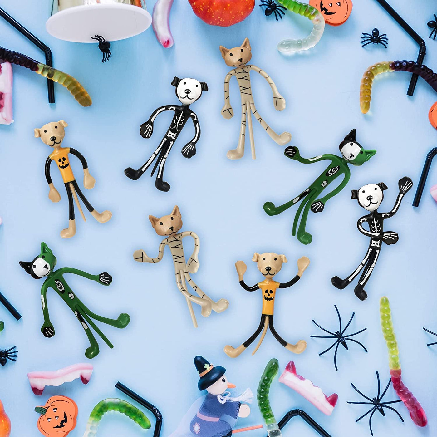 Halloween Bendable Figures, Set of 12, 3D Halloween Themed Dogs and Cats in 4 Different Designs, Stress Relief Toys for Boys and Girls, and Non-Candy Trick or Treat Supplies