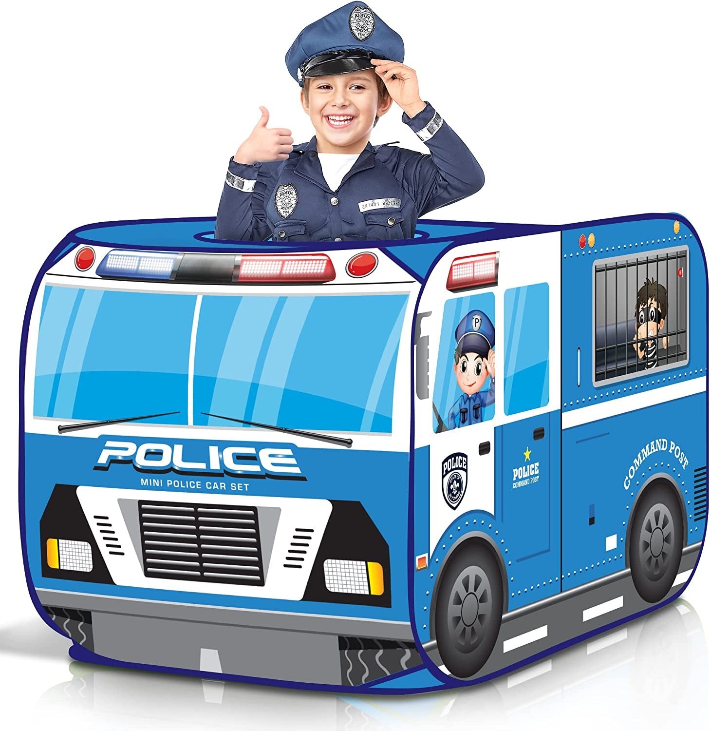 Police Car Tent with Carry Bag, Pop Up Indoor Tent for Kids, Police Officer Indoor Playhouse with 2 Openings, Flat-Folding Kids Play Tent for Compact